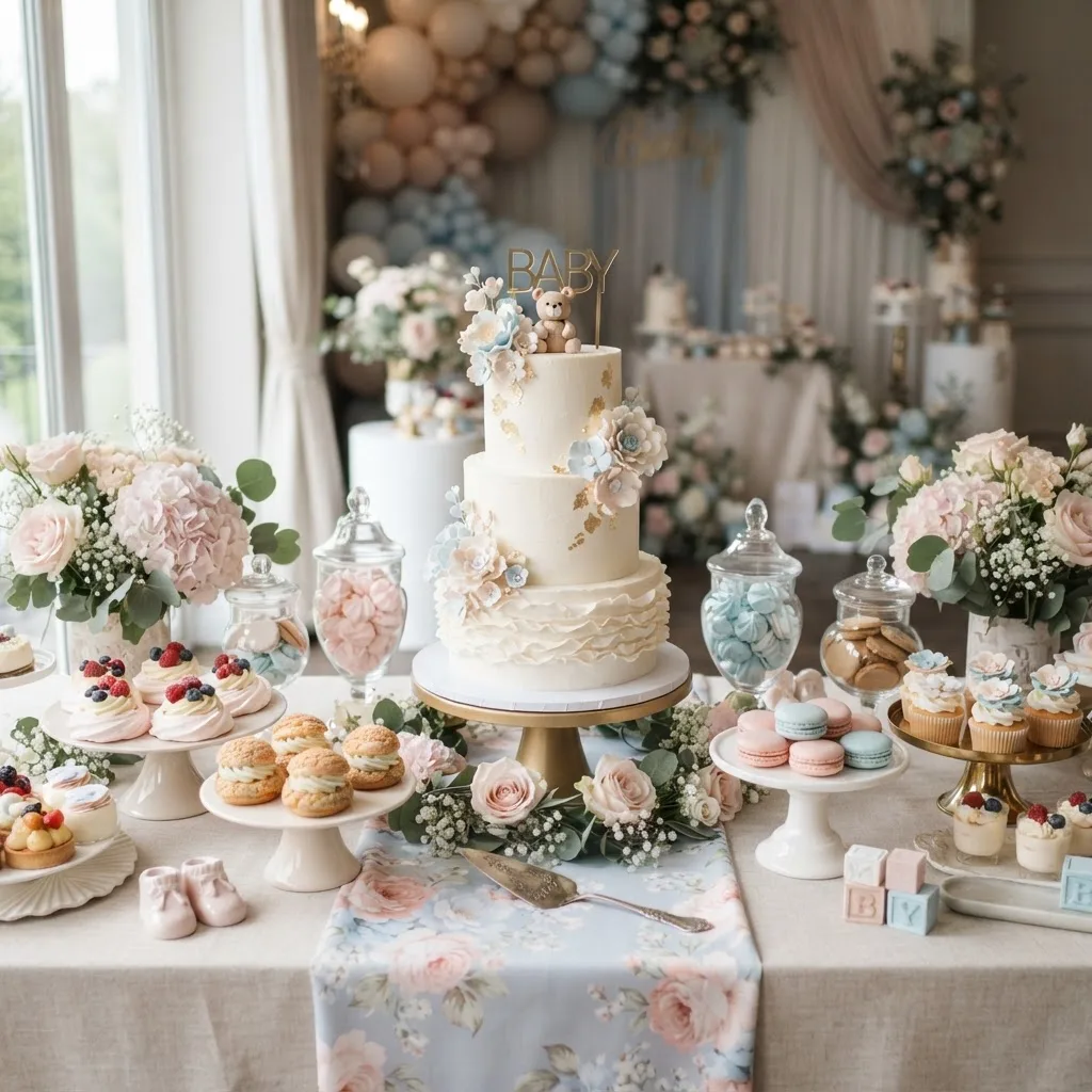 Pastelowy słodki stół na baby shower