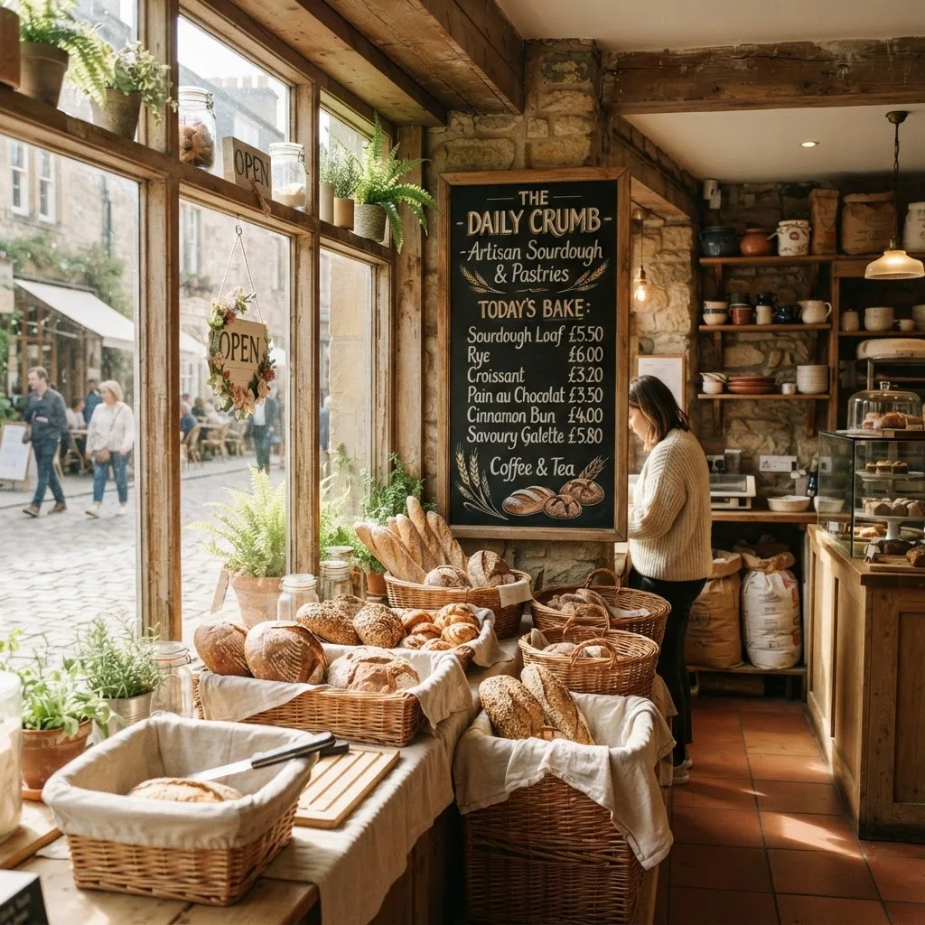 Witryna piekarni La Baguette w porannym świetle